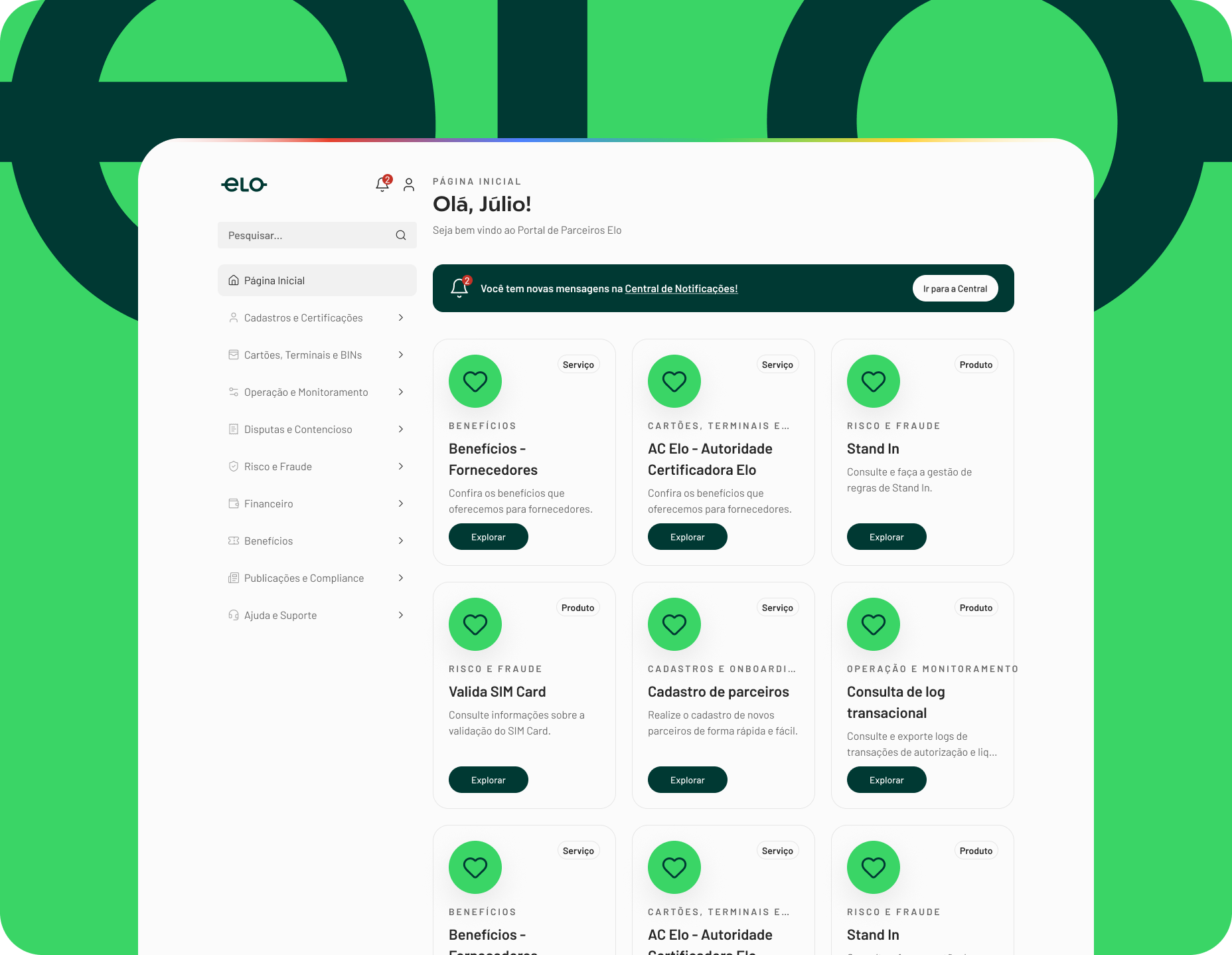 Desktop dashboard of the Elo B2B Partner Portal showing user greeting, navigation, and service tiles