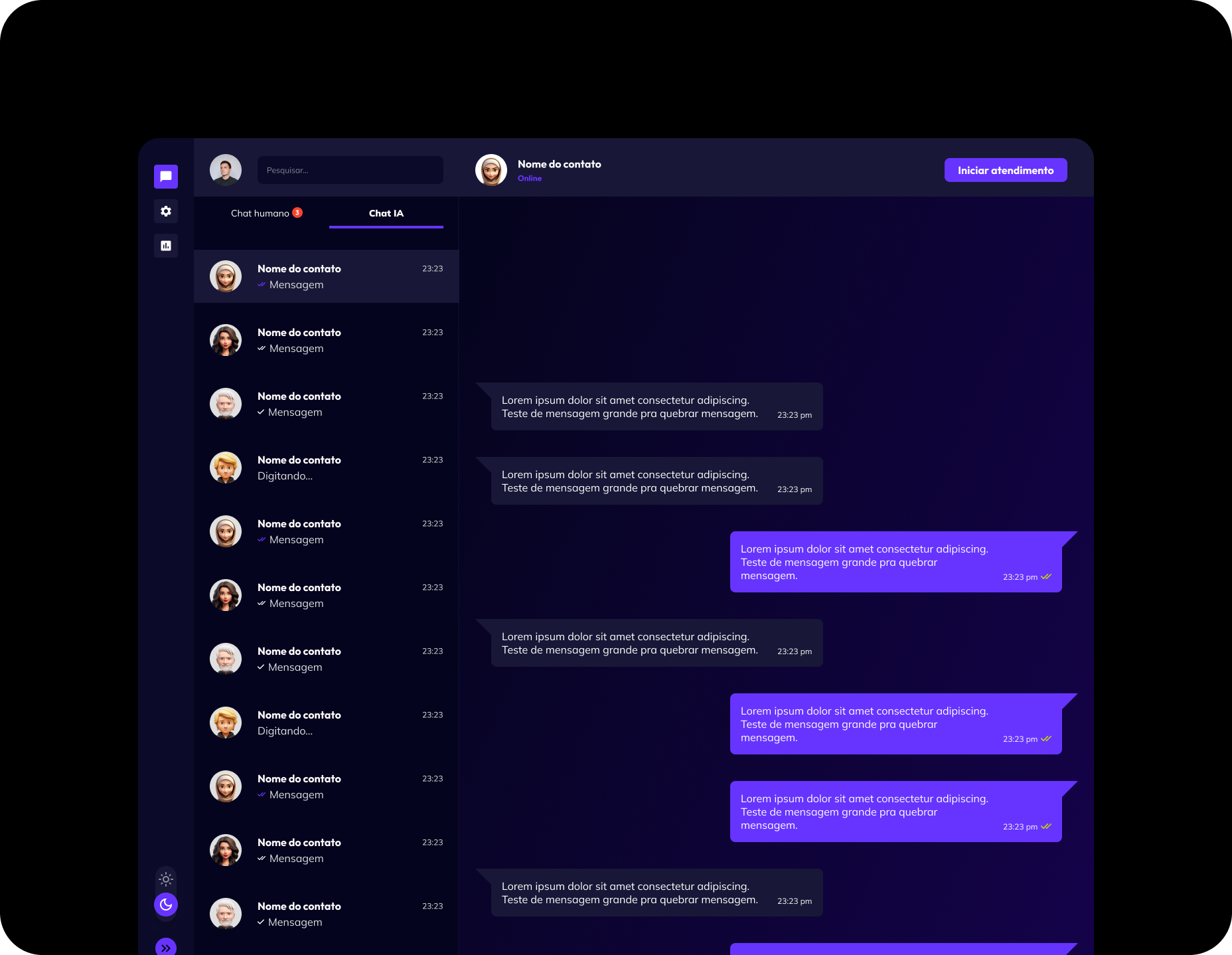 Dark mode dashboard view of the active AI chat workspace showing automated conversation logs and start attendance options