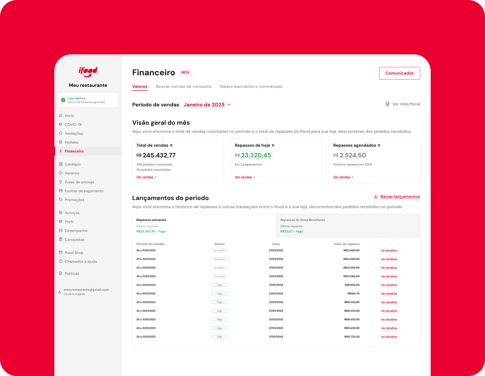 iFood Partner Portal desktop finance dashboard with sales overview and quick utility bill payment access