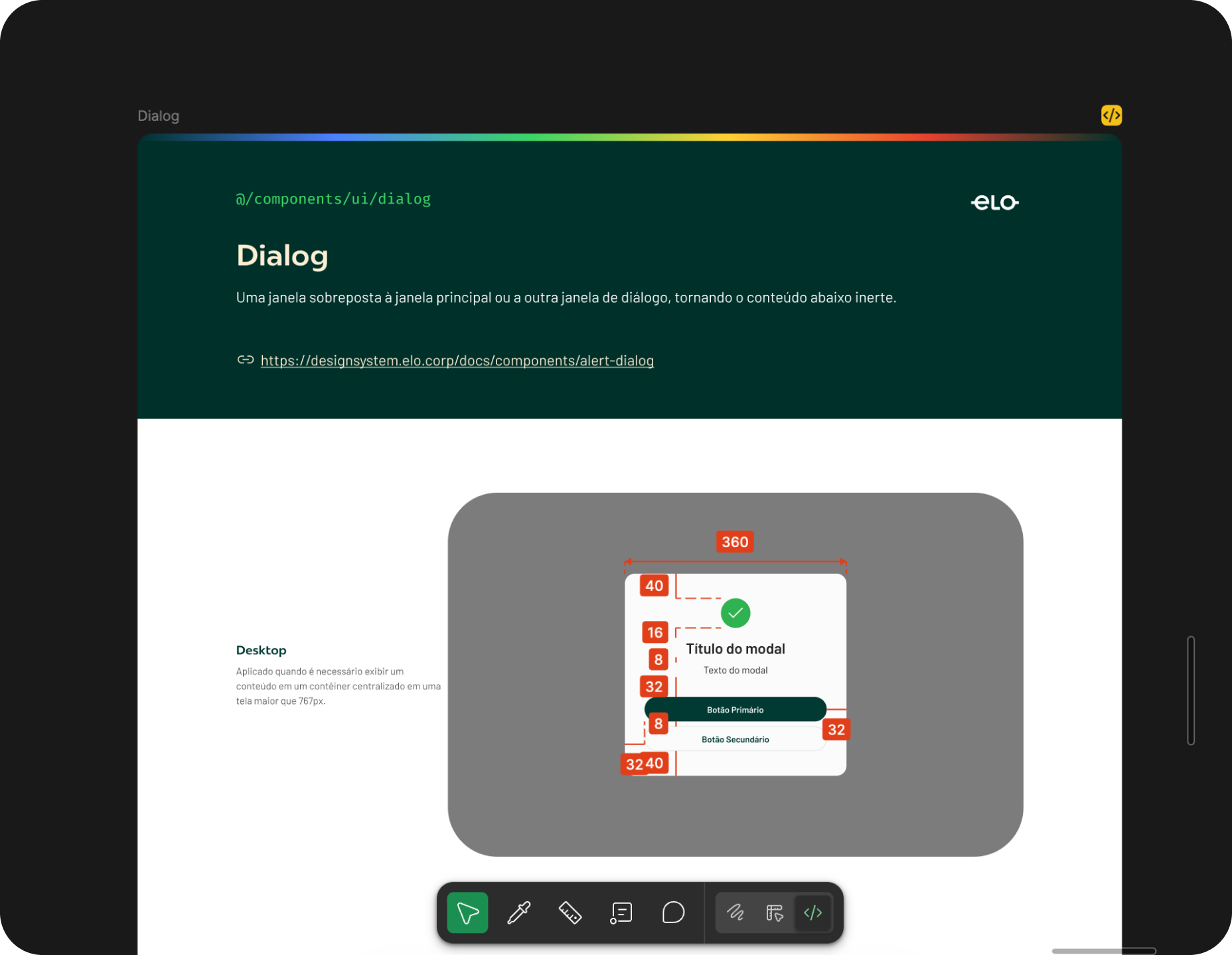Design system Dialog component spacing and specifications
