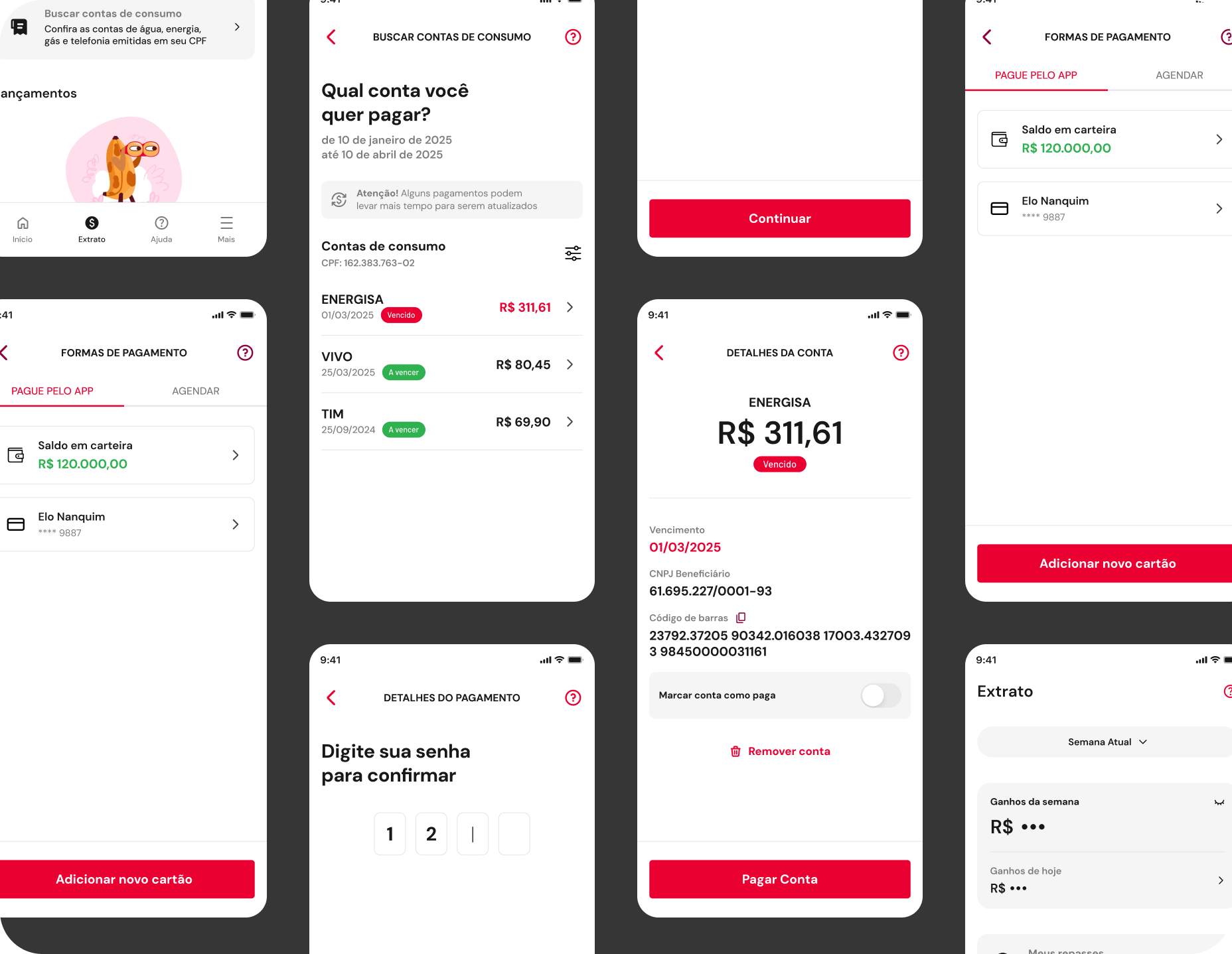 Mobile UI flow showing payment method selection, security password confirmation, and the earnings statement screen (Extrato) in the iFood app